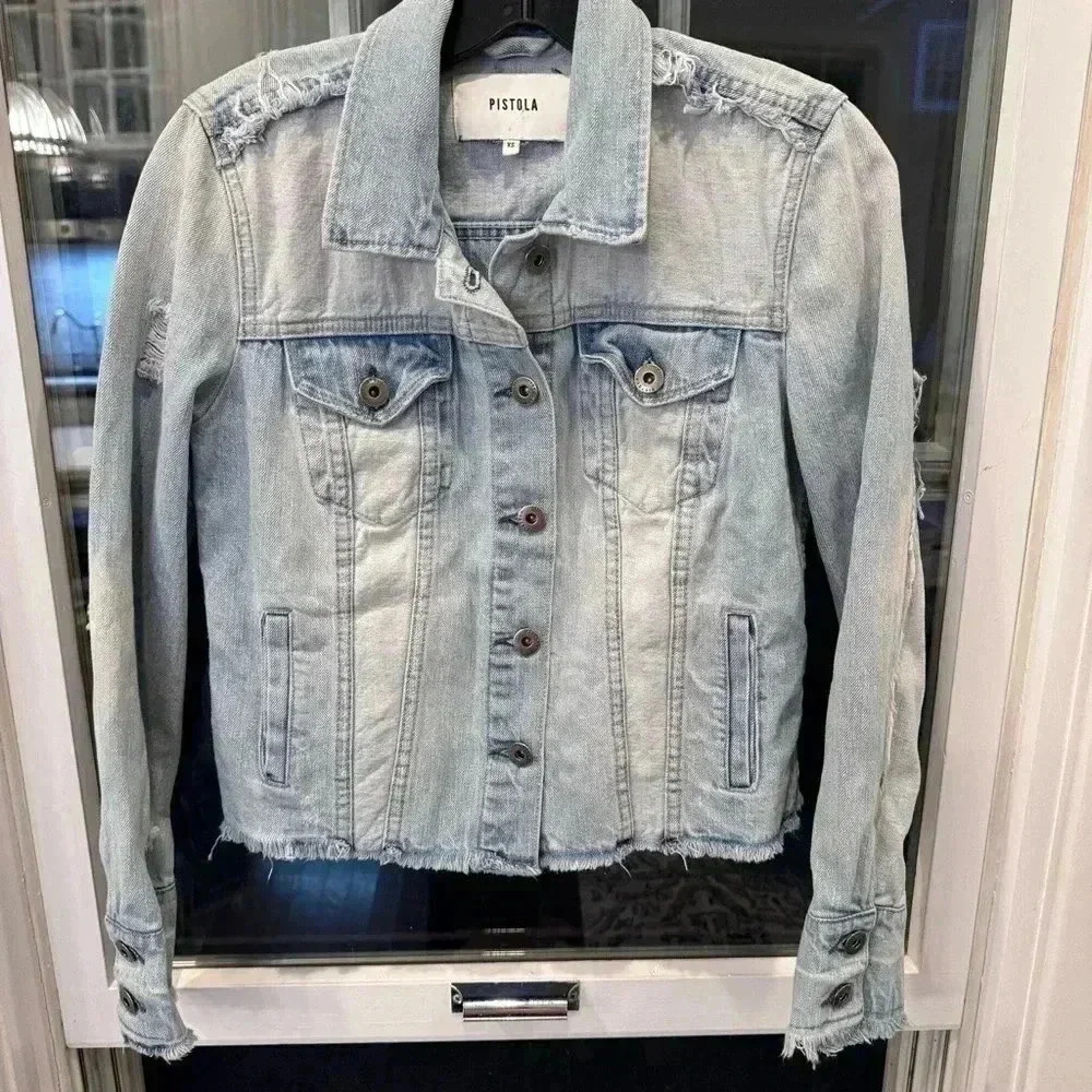 Pistola Women's Blue Denim Jacket Light Wash Distressed Raw Hem Cropped Size XS - Picture 8 of 8